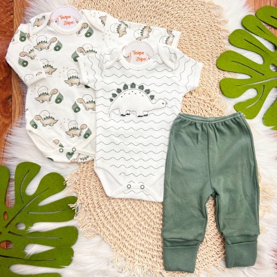 CONJ. DE MALHA 3 PEÇAS -  My Little Dino - Off White e Verde Militar